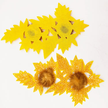 Yellow Hand Embroidered Floral Applique, Beaded Floral Motif With Feather Pom Pom, 1 Pc
